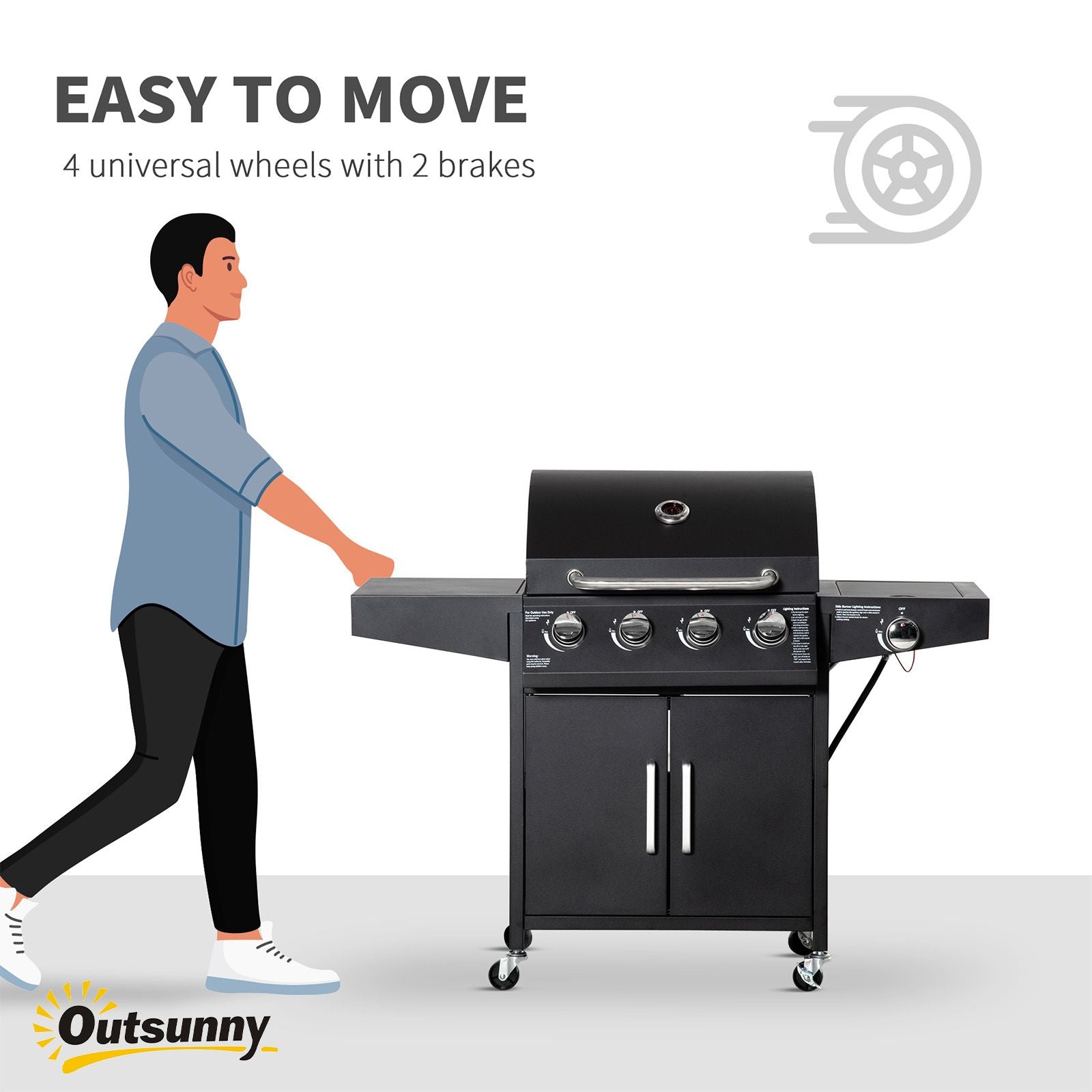 Outsunny 52 Barbecue Grill with Wheels 4+1 Burner Propane Gas Outdoor