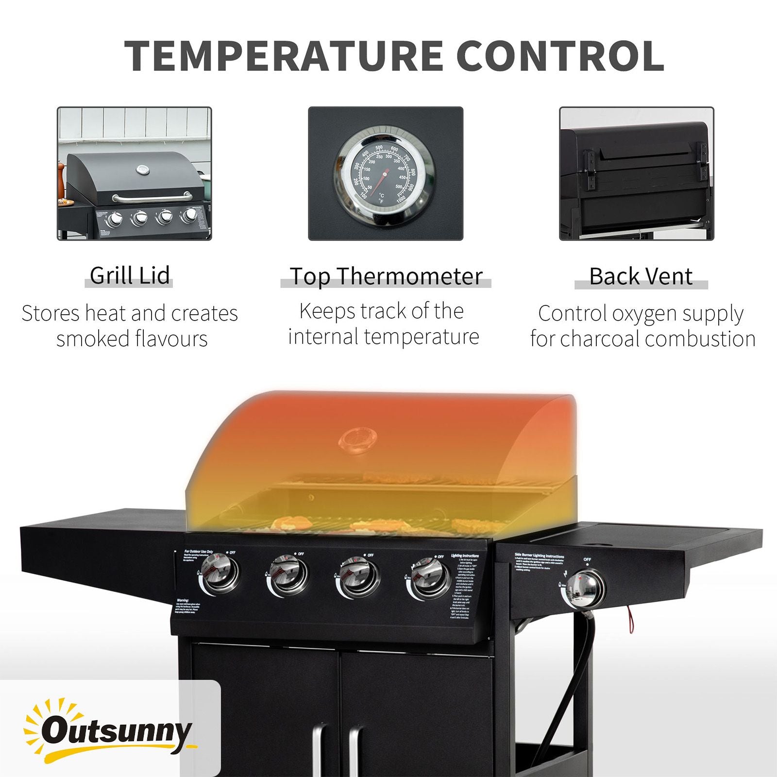 Outsunny 52 Barbecue Grill with Wheels 4+1 Burner Propane Gas Outdoor