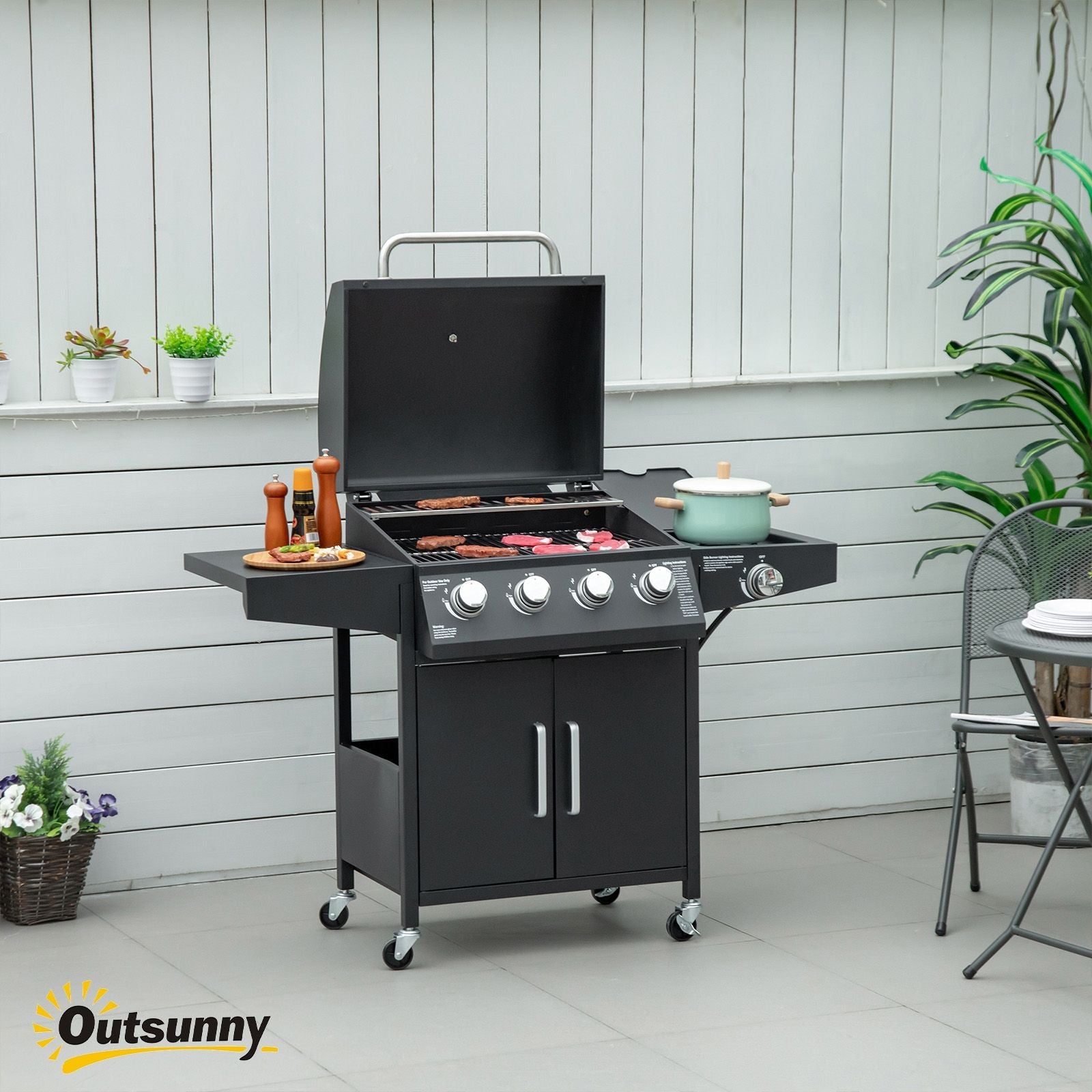 Outsunny 52 Barbecue Grill with Wheels 4+1 Burner Propane Gas Outdoor