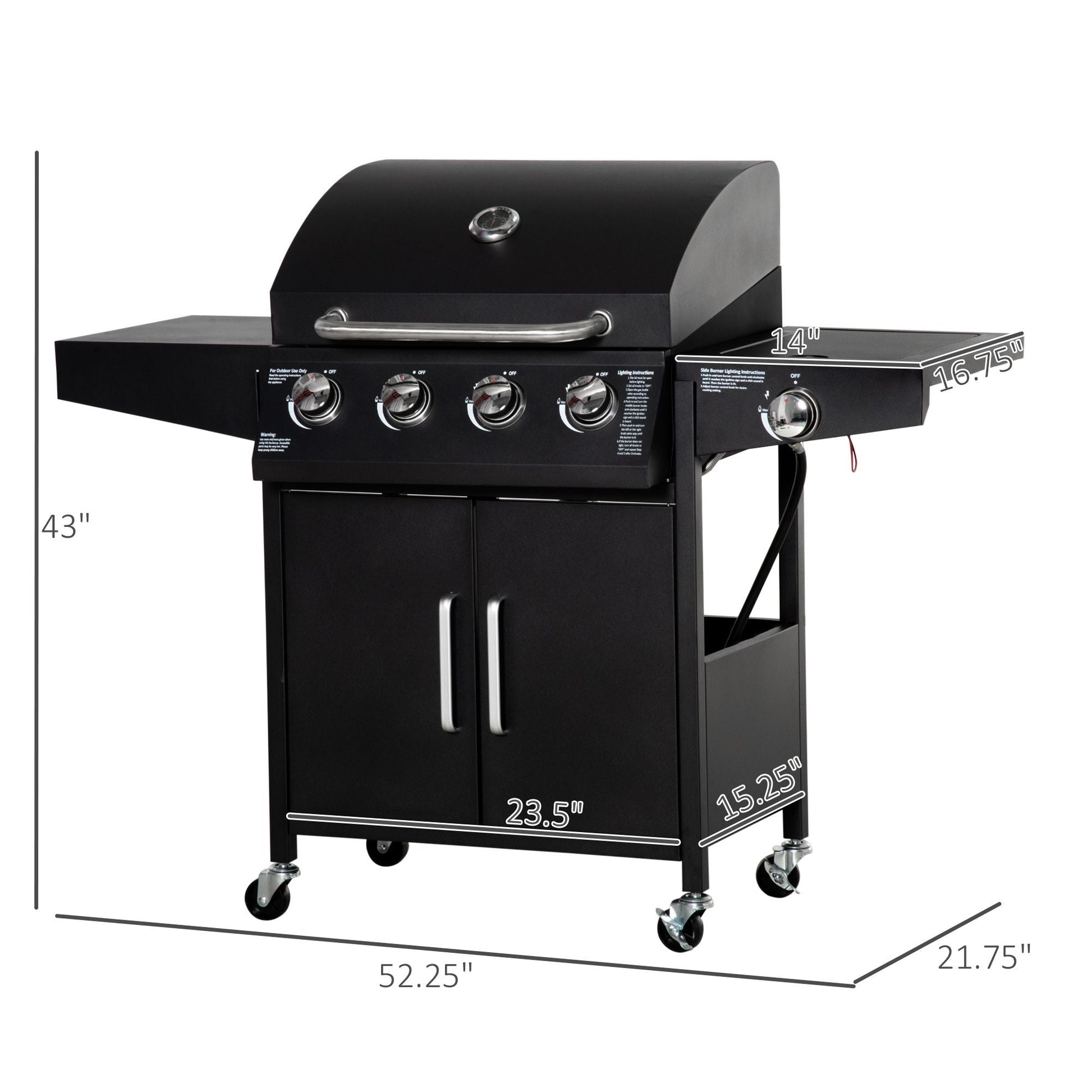 Outsunny 52 Barbecue Grill with Wheels 4+1 Burner Propane Gas Outdoor